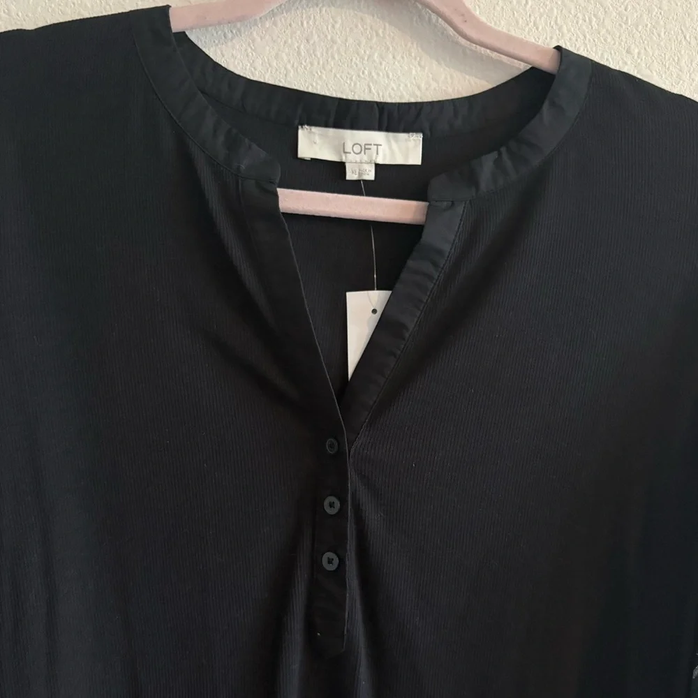 NWT LOFT Mixed-Media Blouse Split-Neck Puff-Sleeve Women’s XL Black Ribbed Plaid